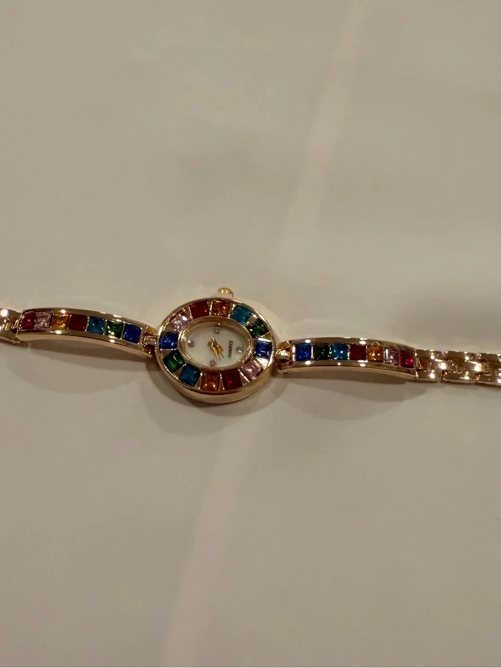 Gold-Tone Bracelet Watch with Multicolor Gemstones